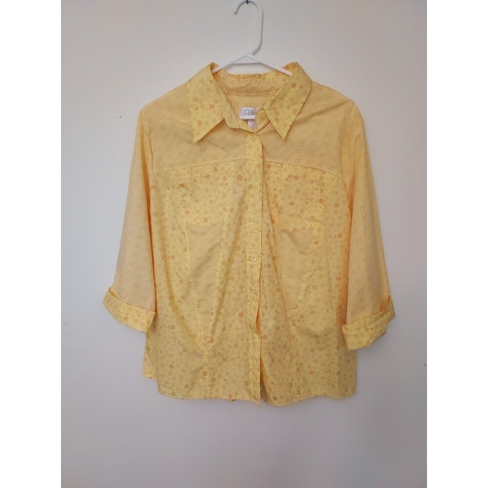 CJ Banks Women's Top Blouse Size 1X Yellow Floral Button Up 3/4 Sleeve NEW